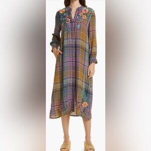 NWT Johnny Was Francisca Seaside Dress Plaid with Floral Embroidery Size Medium
